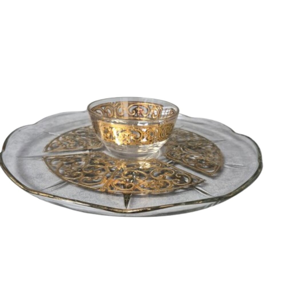 Georges Briard Signed Mid Century Modern Glassware Gold Scroll Decoration MCM